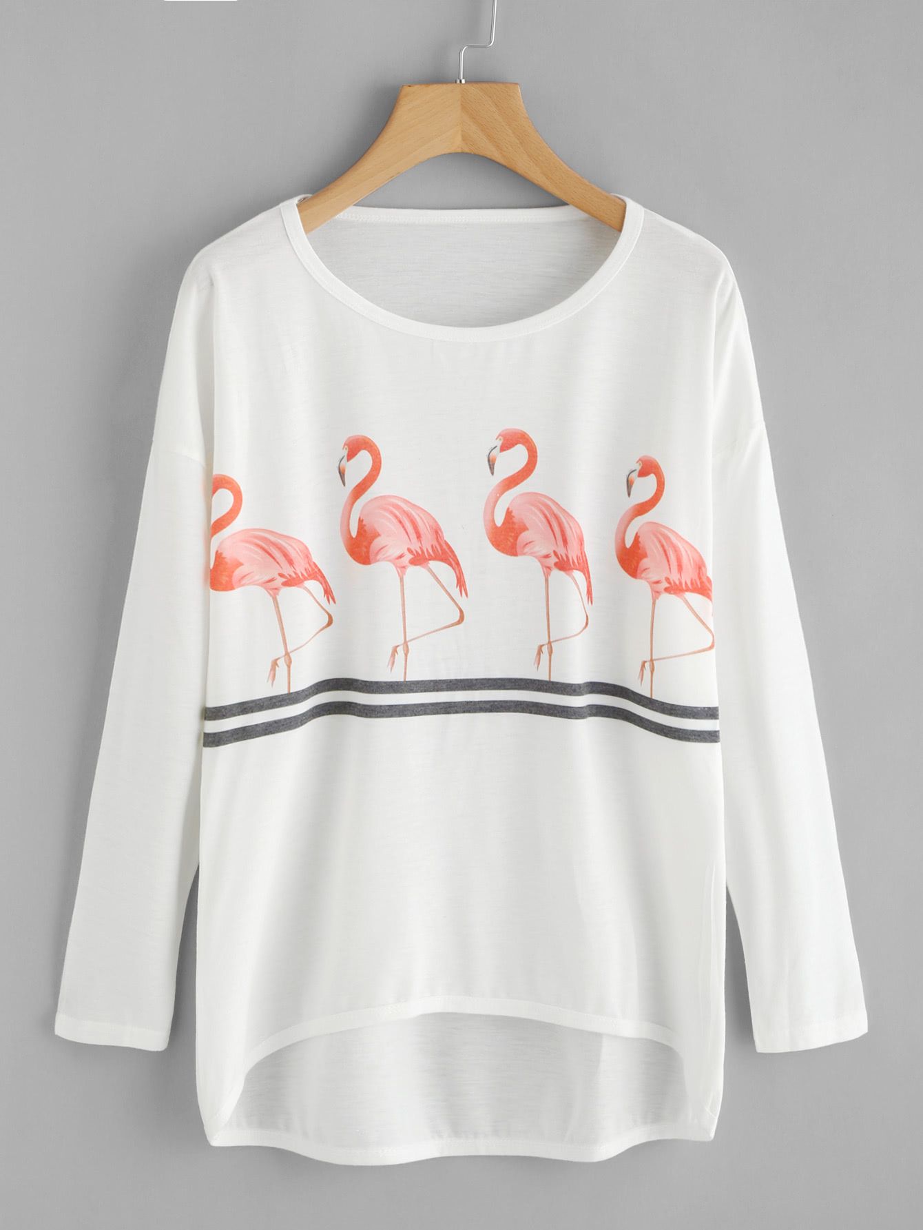 Flamingo Print Drop Shoulder Dip Hem Tee | SHEIN