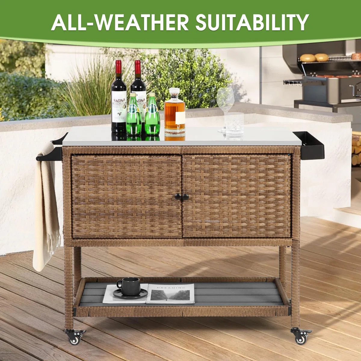 Outdoor Wicker Waterproof Stainless Steel Top BBQ Prep Station Serving Bar Cart with Storage Cabi... | Wayfair North America