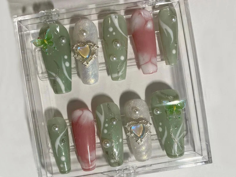 Nature-Inspired Green Nail Set | Premium Nail Art with 3D Design | Unique Nail Artistry | The Per... | Etsy (US)