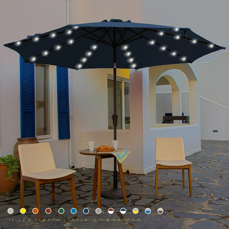 JUSTLET 10 ft Patio Umbrella for Table, Outdoor Sun Umbrella with LED Solar Lights, Navy Blue | Walmart (US)