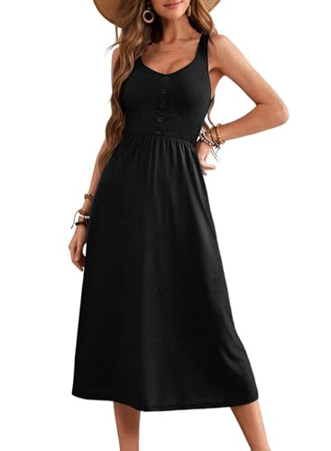 Dokotoo Womens Summer Dresses 2025 Sleeveless Smocked Waist Easter Casual Midi Dress Beach Party Sun Dresses Tank T Shirt Sundress for Women Vacation Western Outfits Clothes Plus Size Black XX-Large | Amazon (US)