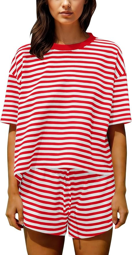 Ythomm Striped Pajamas Shorts Sets Women 2 Piece Lounge Outfits Short Sleeve Tees Drawstring Shor... | Amazon (US)