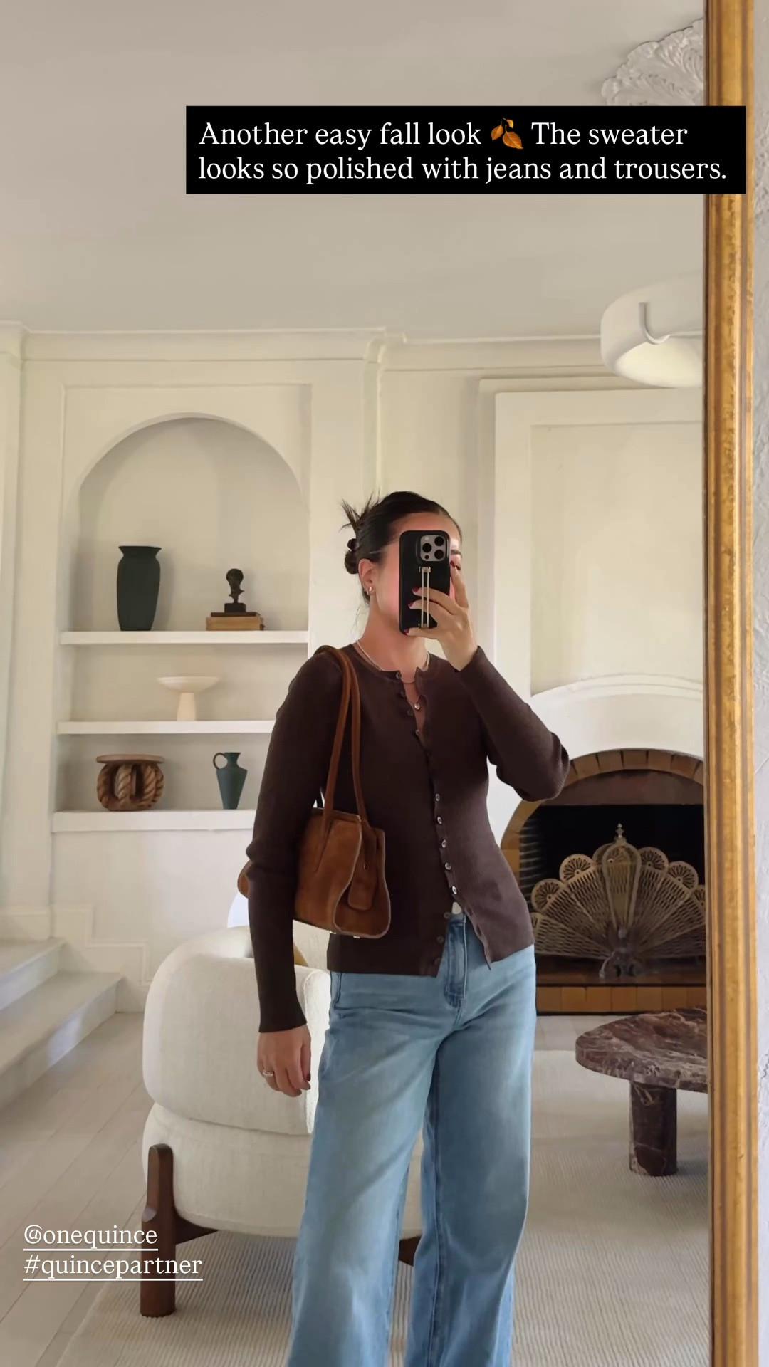 For size reference, I’m 5 ft 115 pounds and wearing the sizes below:

SWEATER: Cotton cashmere and I’m wearing a size Small. Great comfortable fit. 

JEANS: Stretchy but does not lose shape. Very comfortable for midsection/postpartum tummy! Flattering wide/straight leg shape. I’m wearing 26x30, color ‘Frosted Blue’. Length is great with sneakers and kitten heels.

@Quince #quincepartner
