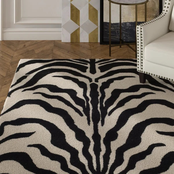 Animal Print Handmade Tufted Wool Area Rug in Ivory/Black | Wayfair North America