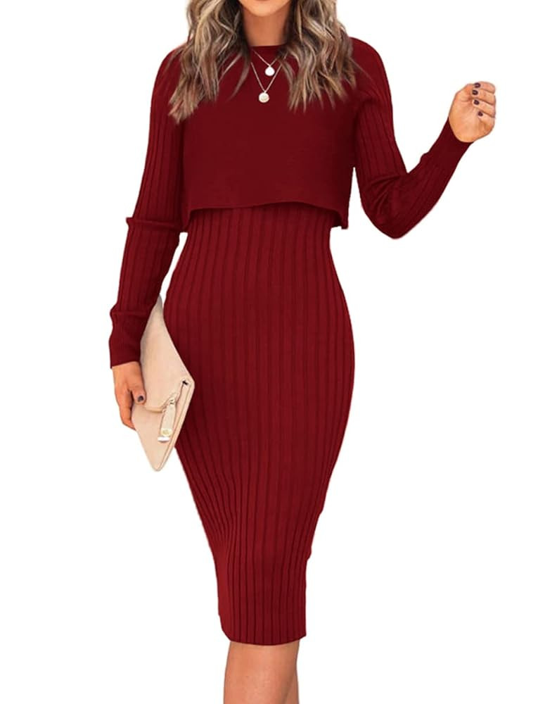 Ezbelle Women's Long Sleeve Sweater Dresses 2 Piece Outfits Sets Ribbed Knit Crop Tops and Tank B... | Amazon (US)