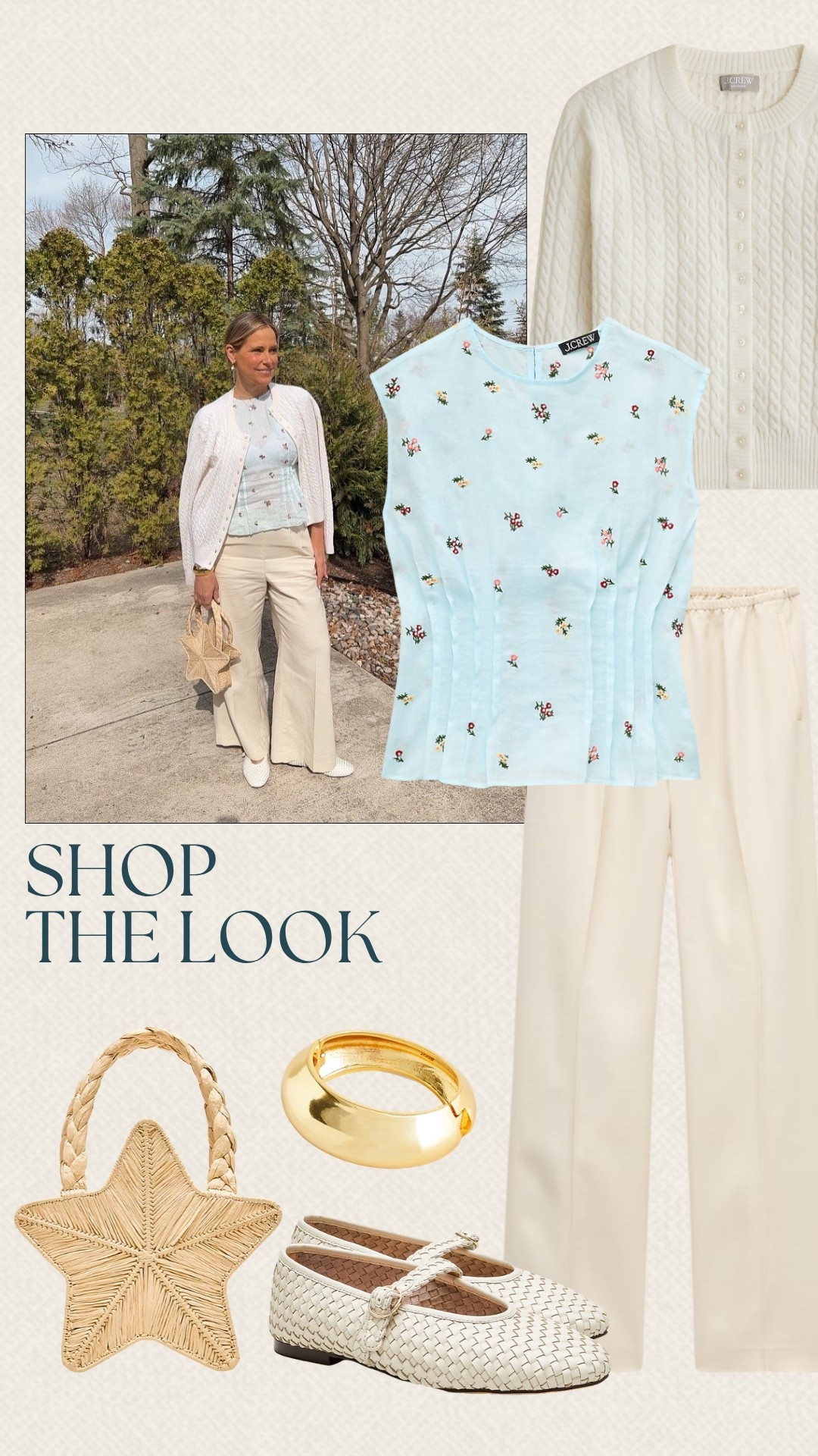 We styled these J.Crew pants with a lightweight cardigan and an embroidered top for a fun spring look. Added woven flats, a straw bag, and simple gold jewelry to keep it easy. This is an easy outfit to throw on!

#LTKSeasonal #LTKOver40 #LTKMidsize