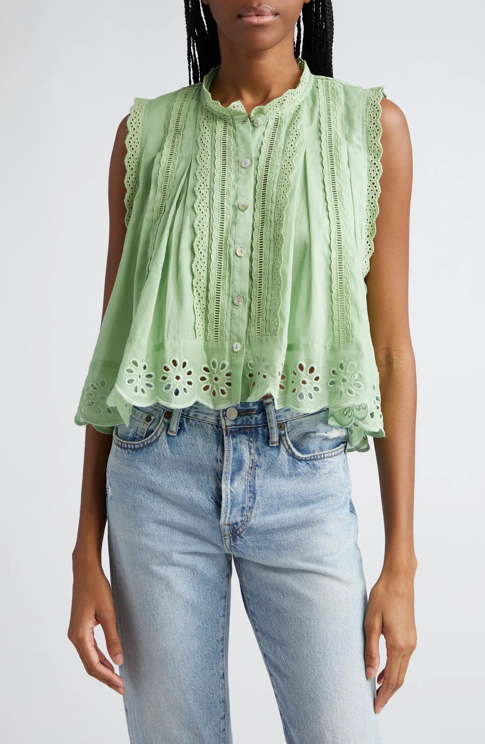 FARM Rio Eyelet Accent Sleeveless High-Low Cotton Top | Nordstrom | Nordstrom