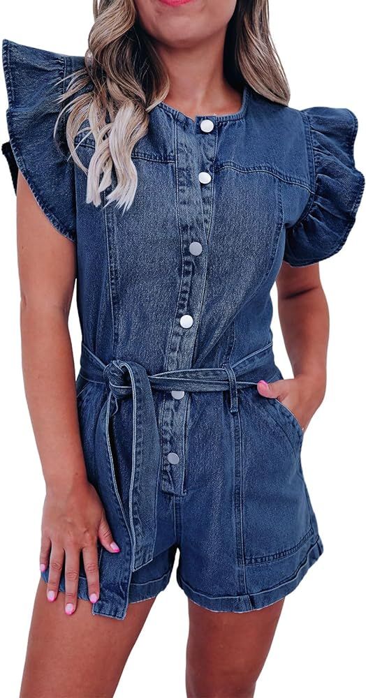 PLNOTME Women's Cute Denim Rompers Summer Ruffle Sleeve Button Down Belted Short Jumpsuits with P... | Amazon (US)