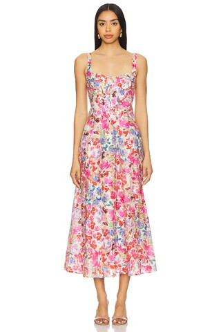 Bardot Lilah Corset Midi Dress in Pink Floral from Revolve.com | Revolve Clothing (Global)