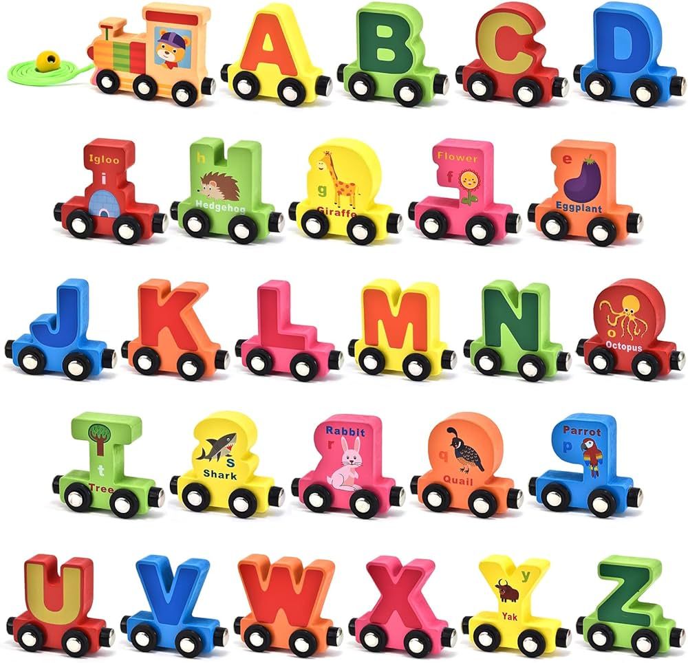 Atoylink 27 Pcs Wooden Train Cars Set Toddlers Magnetic Alphabet Animal Train Toy Kids Boys Girls... | Amazon (US)