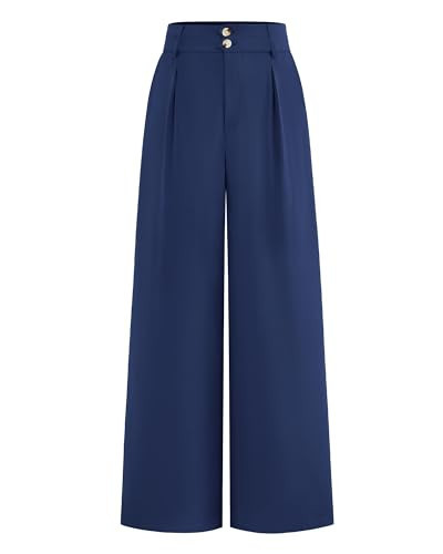 BTFBM Women Wide Leg Dress Pants 2025 High Waisted Button Pleated Business Casual Trousers Office Work Palazzo Pants(Dark Blue, Large) | Amazon (US)