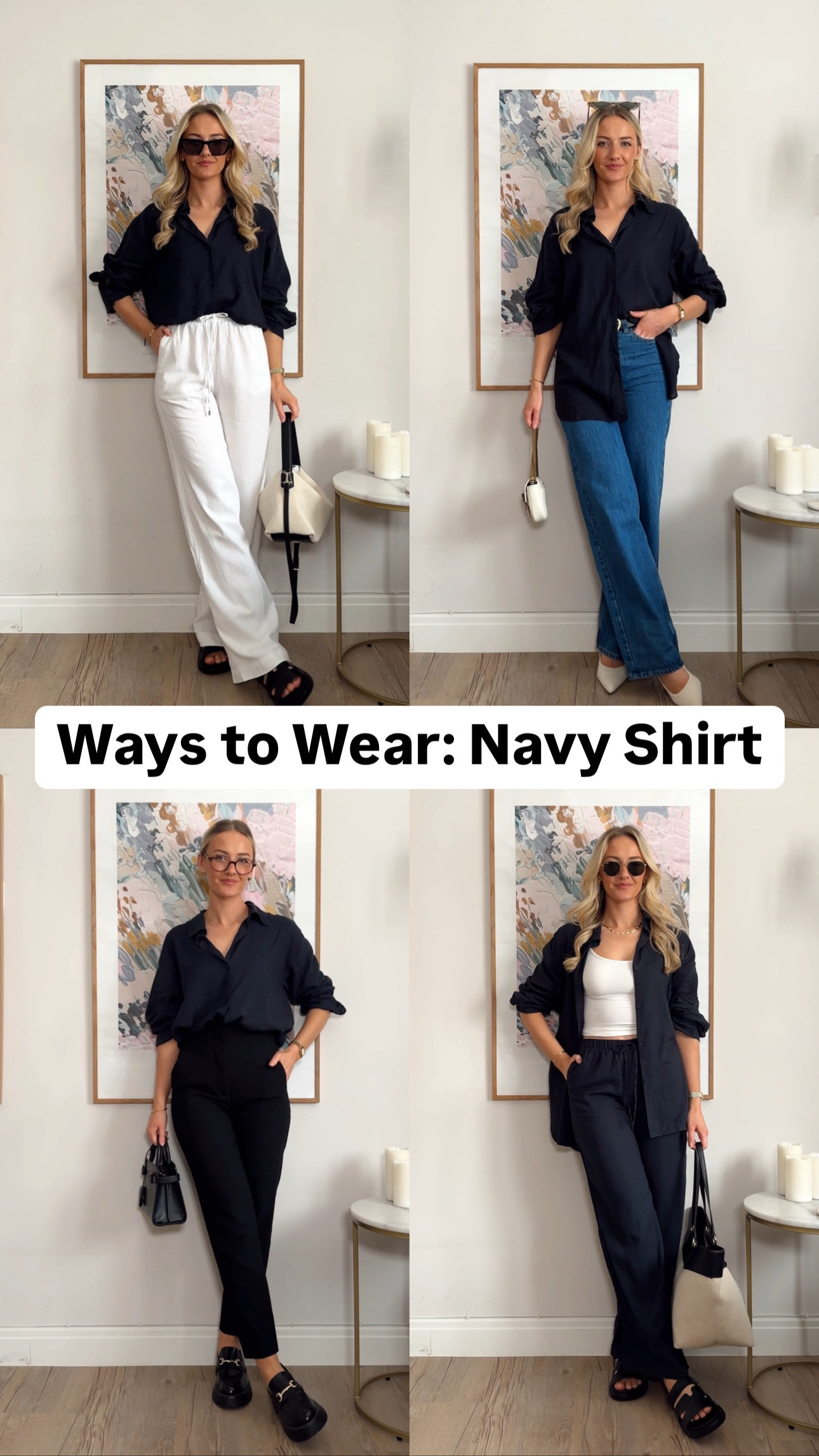 Ways to wear a navy shirt - sizing 👇🏼
navy shirt: size smallp
white linen trousers: size 8 regular length 
blue jeans: size 6
strappy top: size small
black trousers: size xs 


#LTKuk #LTKspring #LTKeurope