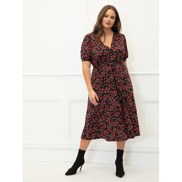 ELOQUII Elements Plus Size Floral Print Midi Dress with Tie Waist | Walmart (US)