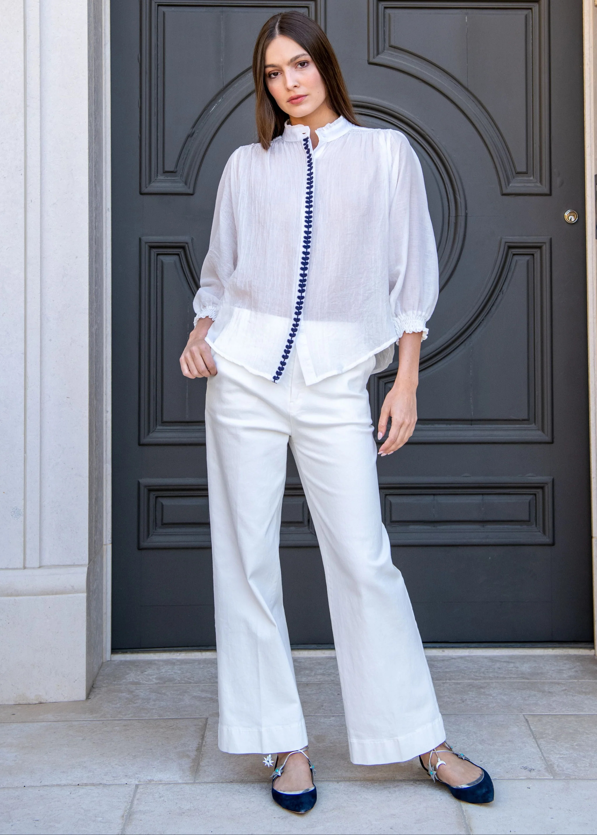 Marjorie Mock Neck Long sleeve Top with Embroidery - White | Benaar La