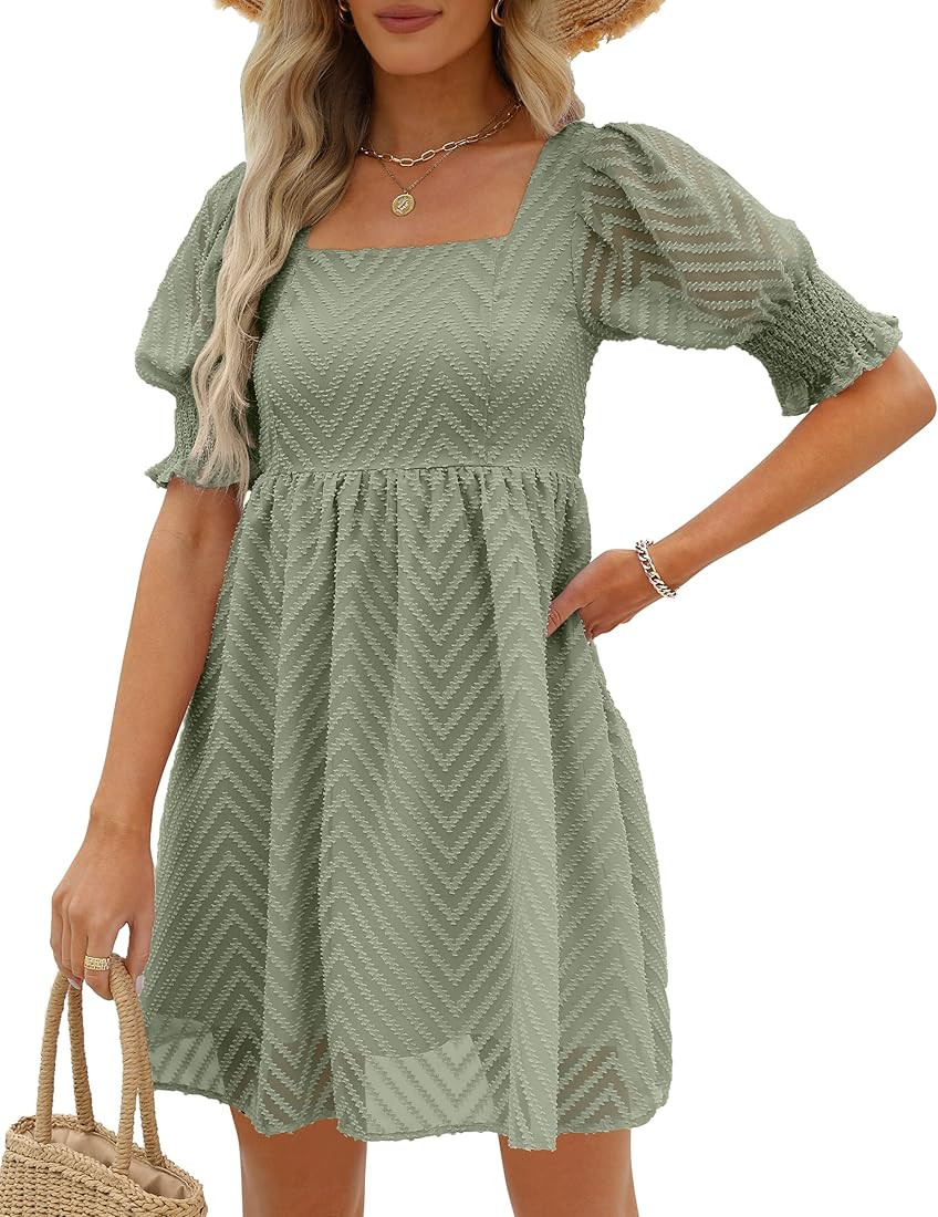 Womens Summer Puff Sleeve Square Neck Empire Waist Babydoll Dresses XXS-2XL | Amazon (US)