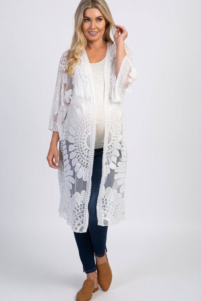 White Lace Mesh 3/4 Sleeve Maternity Kimono | PinkBlush Maternity