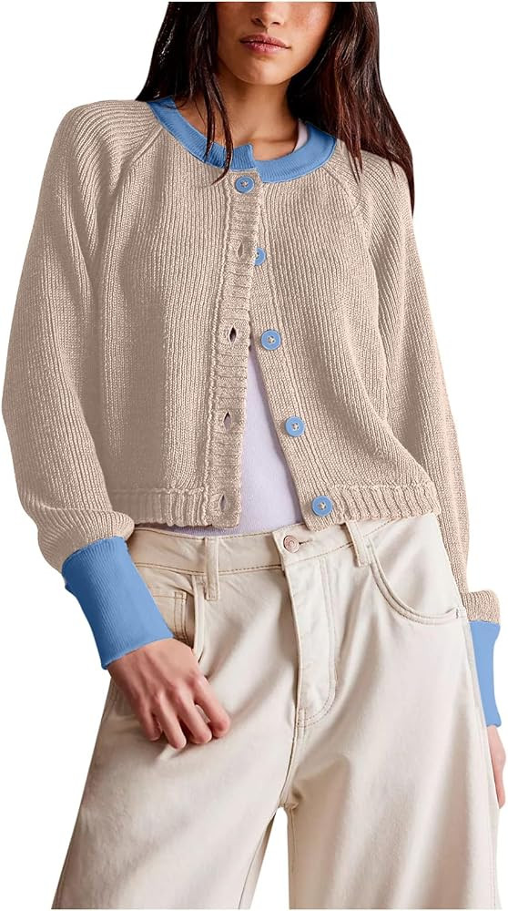 Women's Cropped Cardigan Sweaters Color Block Crewneck Cardigans Fall Long Sleeve Open Front Butt... | Amazon (CA)