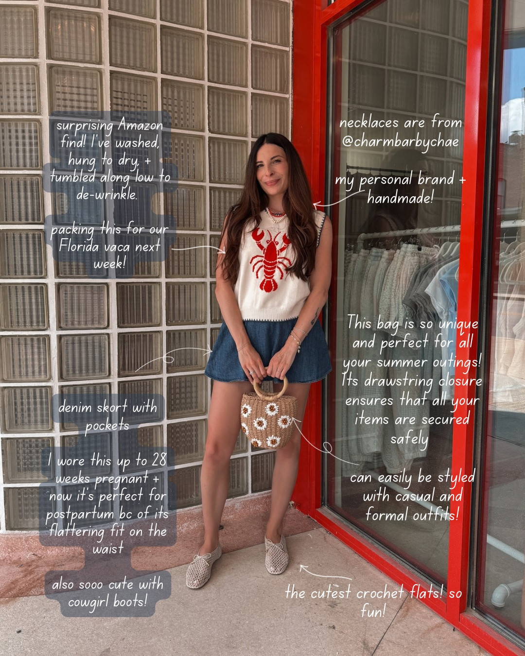 OOTD that I cannot get enough of! 🦞🥥🐟

I linked the lobster top and denim skort here, and you can find the woven bag and crochet flats at Pluck Boutique in Cape Girardeau. They also have a website and you can use code CHAE  for 10% off side wide! ￼

PLUCK WEBSITE: https://pluckboutique.shop/

Sizing: 
- wearing size medium in both the lobster top and denim skort 🫶🏼

#LTKootd #LTKmomlife #LTKTravel
