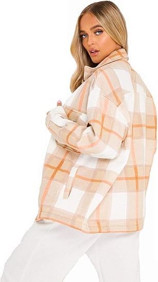 Women's Check Fleece Oversized Baggy Shirt Shacket Jacket Top Coat Cardigan | Amazon (US)