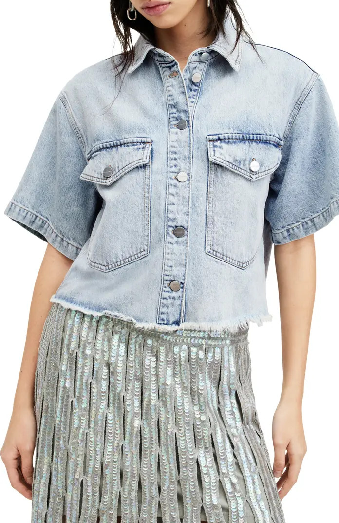 AllSaints Tove Crop Short Sleeve Denim Button-Up Shirt | Nordstrom | Nordstrom