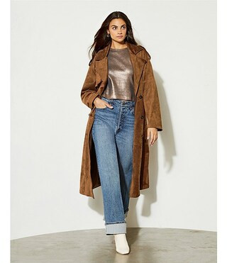 GB Button Front Tie Waist Faux Suede Trench Coat | Dillard's | Dillard's