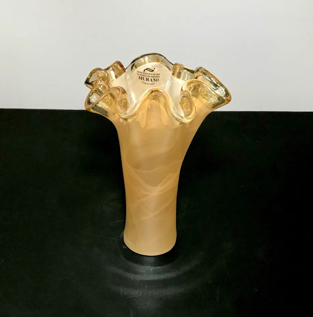Murano Art Glass Gold Luster Handkerchief Stretch Vase, Amber Edge 10” Tall Vase, Novelty Art G... | Etsy (US)