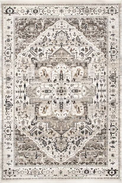 Beige Rosette Medallion Fringed 6' 7" x 9' 8" Area Rug | Rugs USA