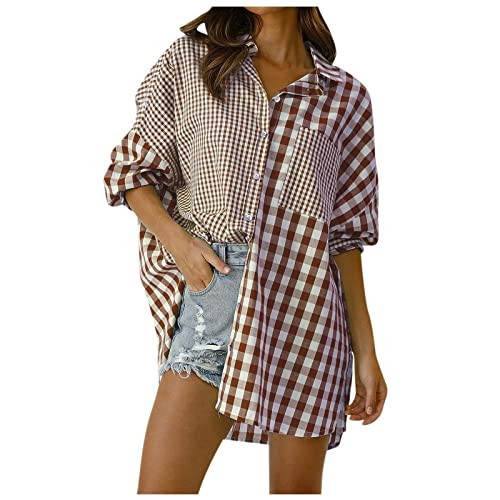 Oversized Flannel For Woman Loose Fit Button Down Casual Plaid Shacket Long Sleeve Comfy Shirt Jackets With Pockets womens flannel jacket Brown M | Amazon (US)