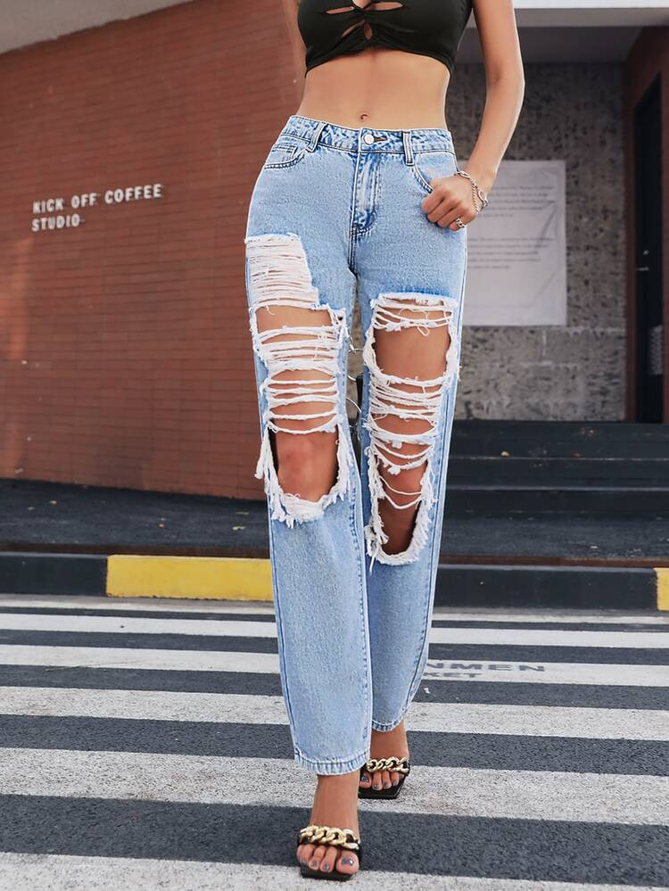New
     
      Ladder Distressed Straight Leg Jeans | SHEIN