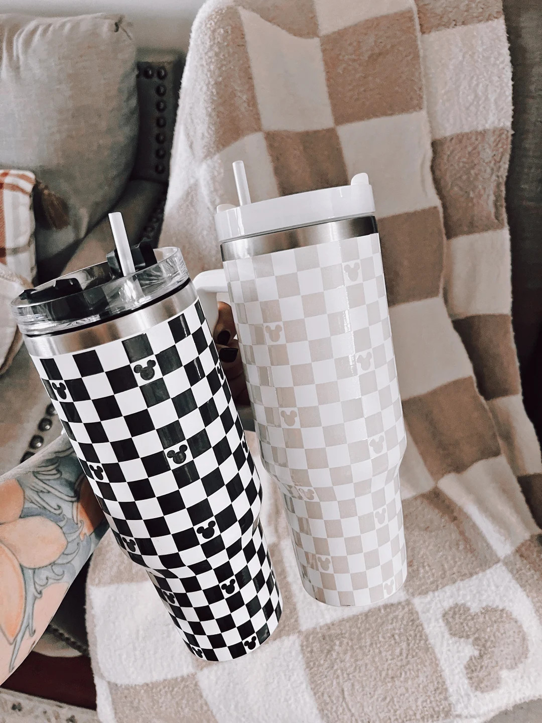 Checkered Mickey 40 Oz Tumbler With Handle Mouse Shaped - Etsy | Etsy (US)