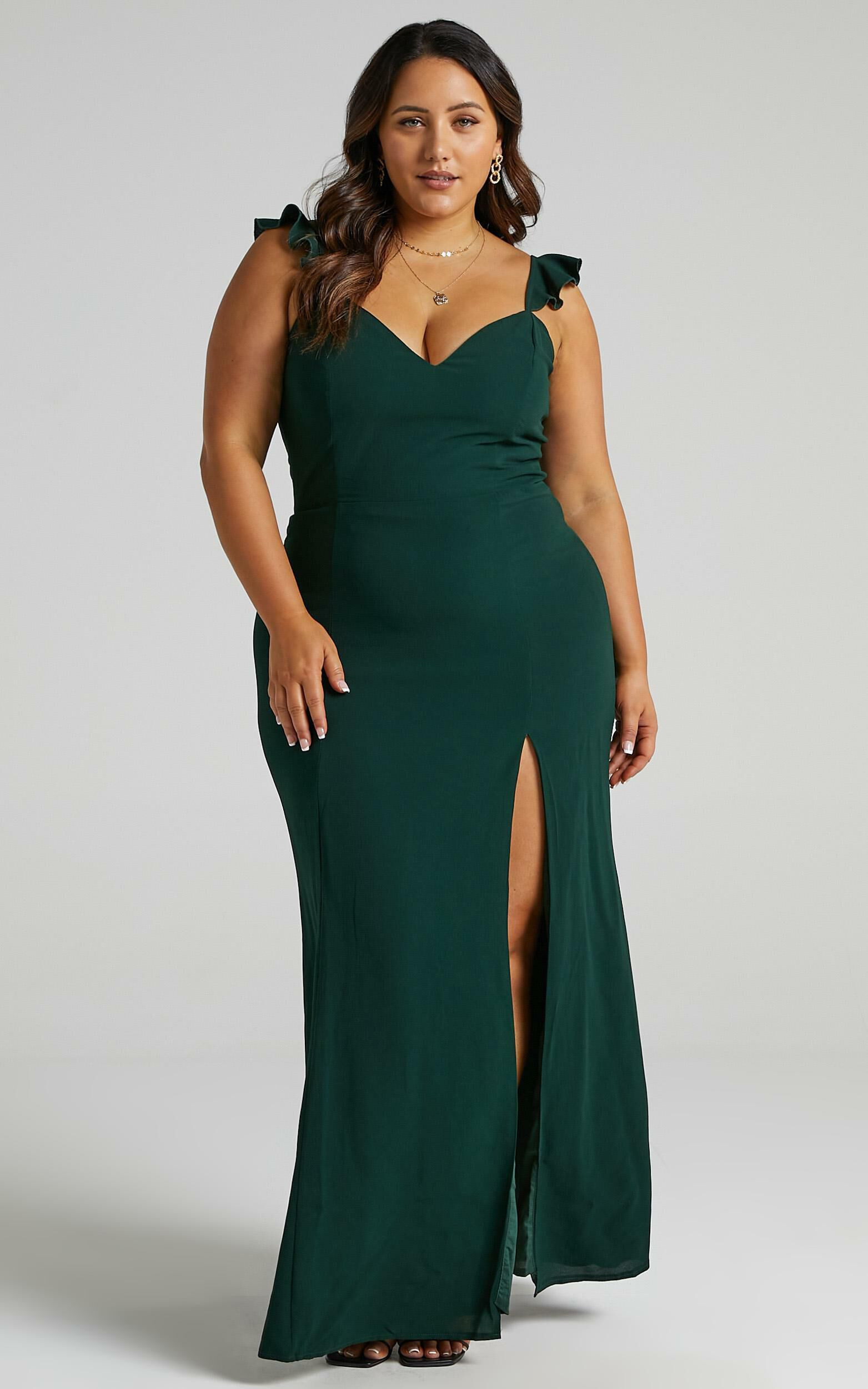 More Than This Midi Dress - Ruffle Strap Thigh Split Dress in Emerald | Showpo (US, UK & Europe)