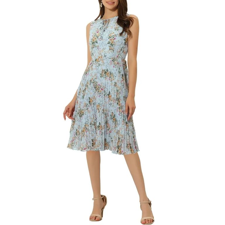 Allegra K Women's Summer Floral Print A-Line Knee Length Sleeveless Pleated Midi Dress | Walmart (US)