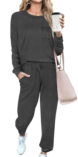 RUBZOOF Womens Loungwear Sets 2 Piece Long Sleeve Lounge Wear Trendy Outfits Pants Set Dark Gray XL | Amazon (US)