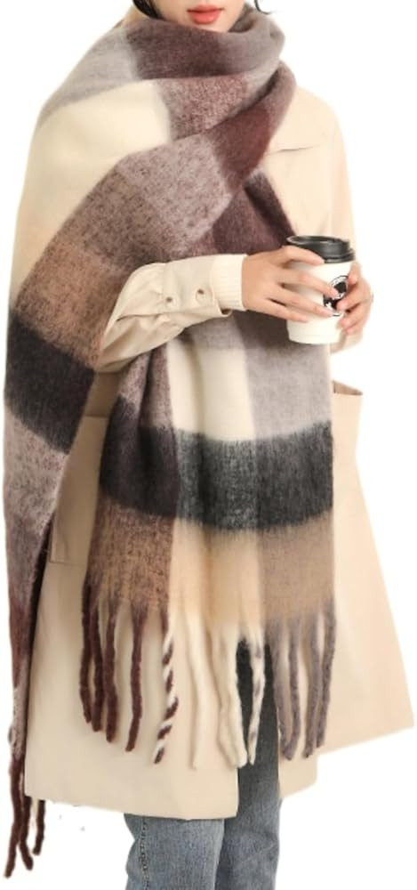 MININAI Chunky Winter Scarfs for Women Cold Weather Warm Knit Thick Plaid Scarf Long Large Oversi... | Amazon (US)