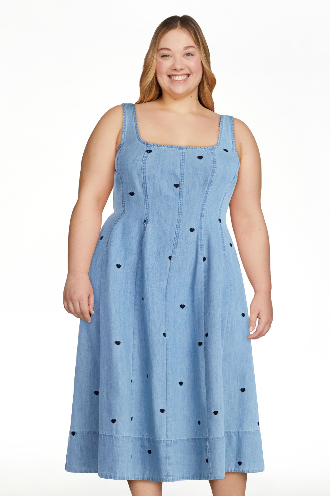 Free Assembly Women's and Women's Plus Embroidered Hearts Denim Panel Midi Dress, Sizes XS- 4X | Walmart (US)