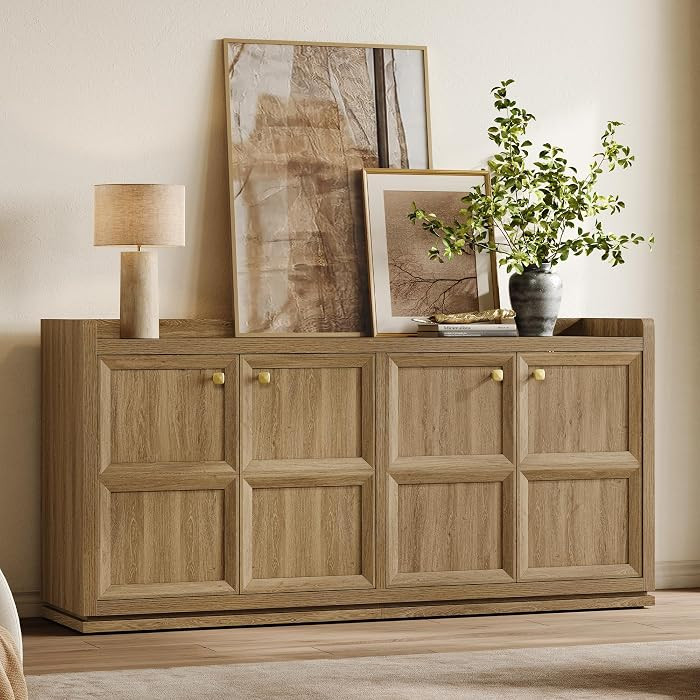 SICOTAS 61.7" Buffet Cabinet 4-Door Sideboard Kitchen Living Room Brown Oak | Amazon (US)