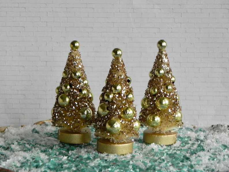Miniature Dollhouse Christmas Tree Mini Bottle Brush Retro Vintage Look Gold Beads Glitter, 2.75 ... | Etsy (US)