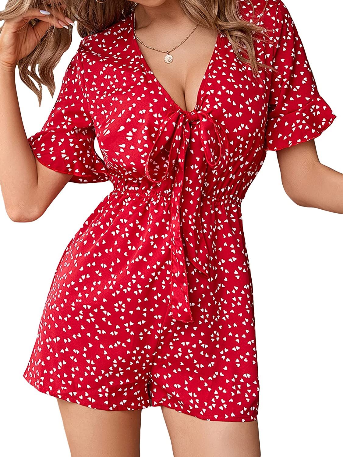 OYOANGLE Women's Heart Print Short Flounce Sleeve Deep V Neck Tie Front Short Romper Jumpsuit | Amazon (US)