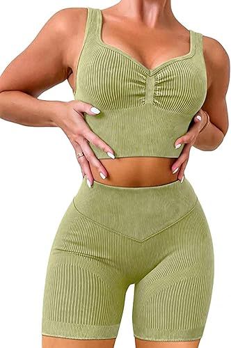OLCHEE Womens Workout Sets 2 Piece - Seamless Ribbed Acid Wash Yoga Outfits Shorts and Sports Bra... | Amazon (US)