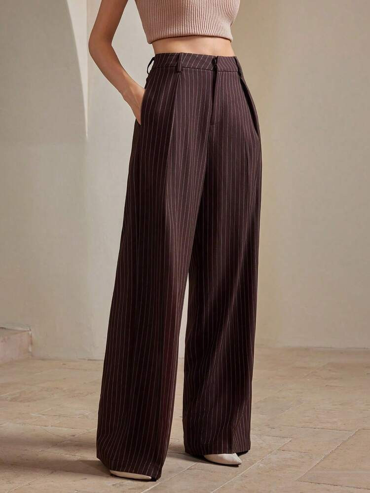 Anewsta Women's Modern Minimalist Commuter Maillard Brown Striped Straight Leg Wide Leg Pants, Su... | SHEIN
