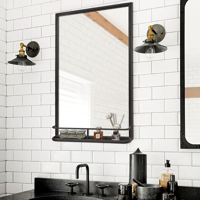 Metal Wall Mirror Rectangle Large Bathroom Mirror with Shelf, Distressed Black, 22" L x 5" W x 32... | Amazon (US)