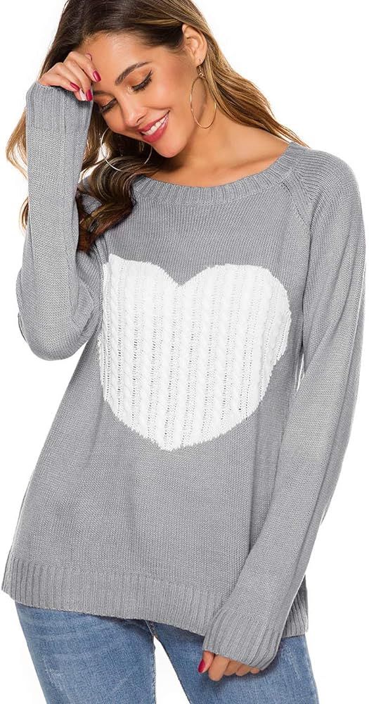 koitmy Women's Long Sleeve Crewneck Knitted Patchwork Cute Heart Sweaters | Amazon (US)