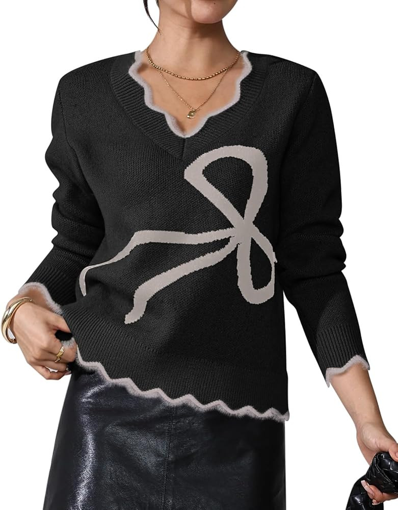 Pink Queen Women 2025 Chic Bow Sweater V Neck Long Sleeve Pullover Knitted Casual Jumper Tops | Amazon (US)
