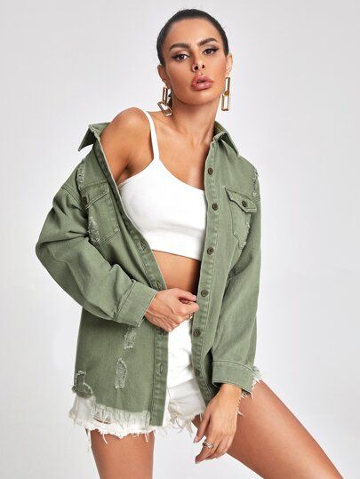 Flap Pocket Ripped Raw Hem Denim Jacket | SHEIN