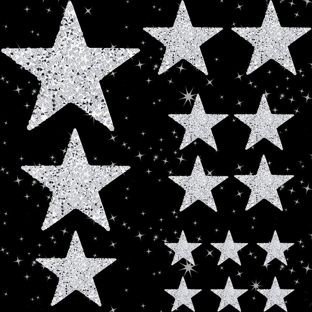 12 Pcs Star Iron on Patches Rhinestone Silver Adhesive Applique Hot Glue Rhinestone Stars Glitter... | Amazon (US)