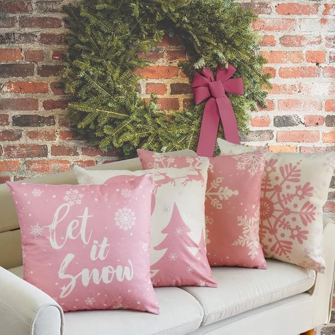 JOJOGOGO Pink Christmas Throw Pillow Covers 18x18 Snowflake Pillow Covers Let It Snow Pillows Win... | Amazon (US)