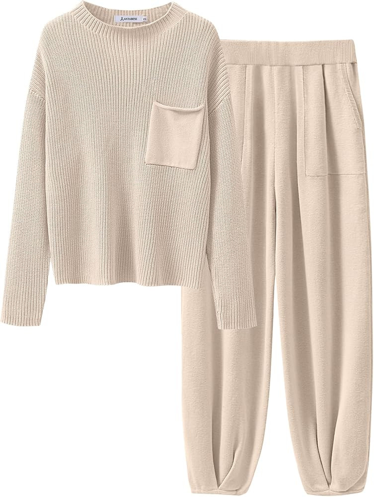 ANRABESS Women's Two Piece Outfits Long Sleeve Knit Top Fall Sweater Set Oversized Pants Tracksui... | Amazon (US)