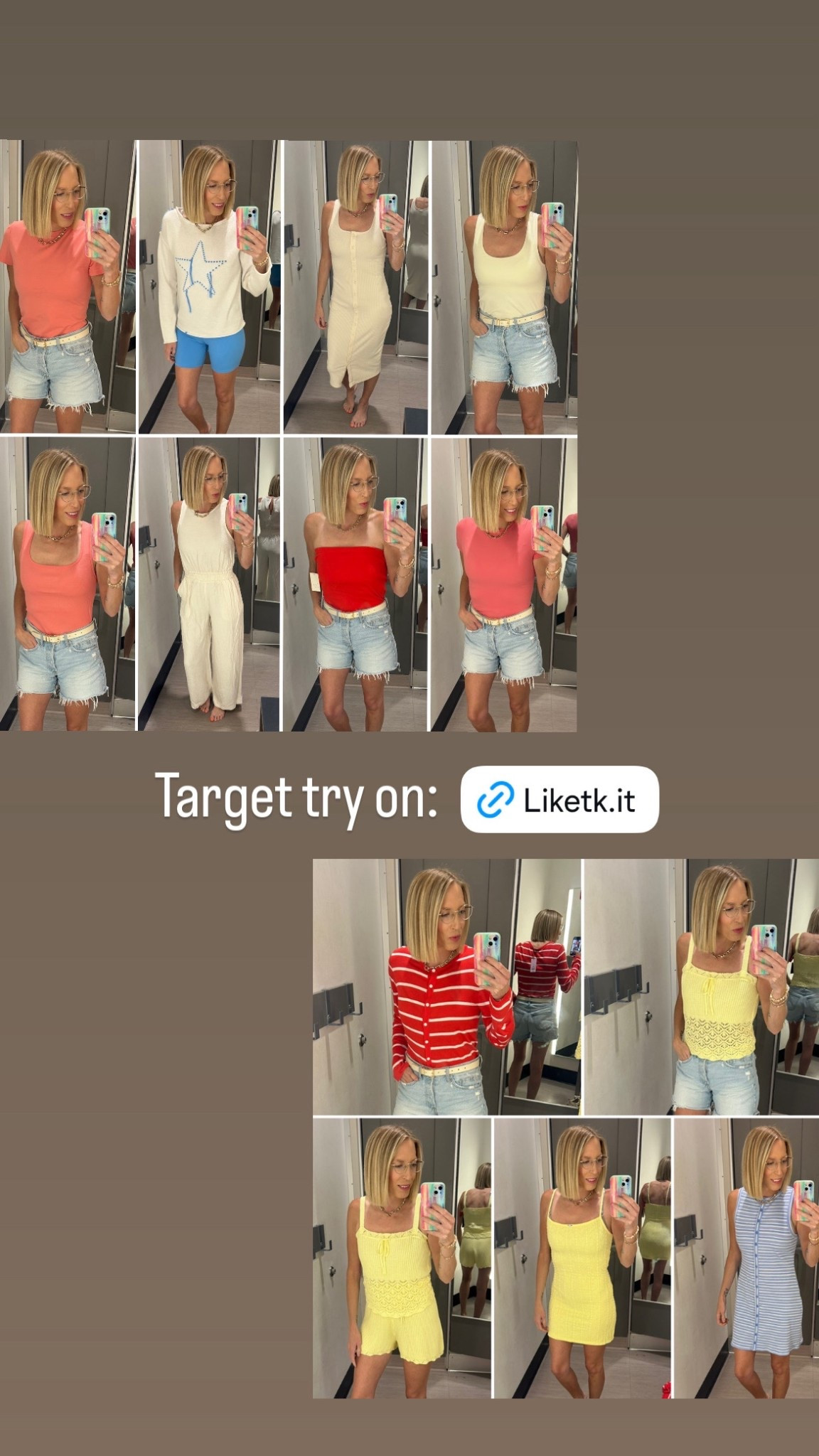 Target try on.
Star sweater/biker shorts light-spring/bright-spring.
Light blue dress on the bottom right light-spring/light-summer.
Yellow dress on the bottom middle bright spring.