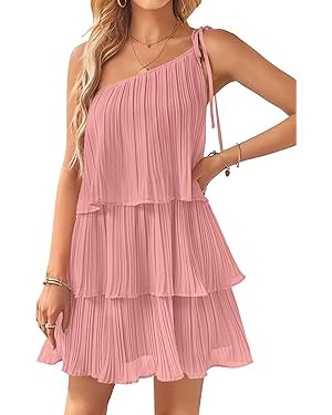 ZESICA Women's 2024 Boho Summer One Shoulder Sleeveless Ruffle Tiered Layered Chiffon Pleated A L... | Amazon (US)