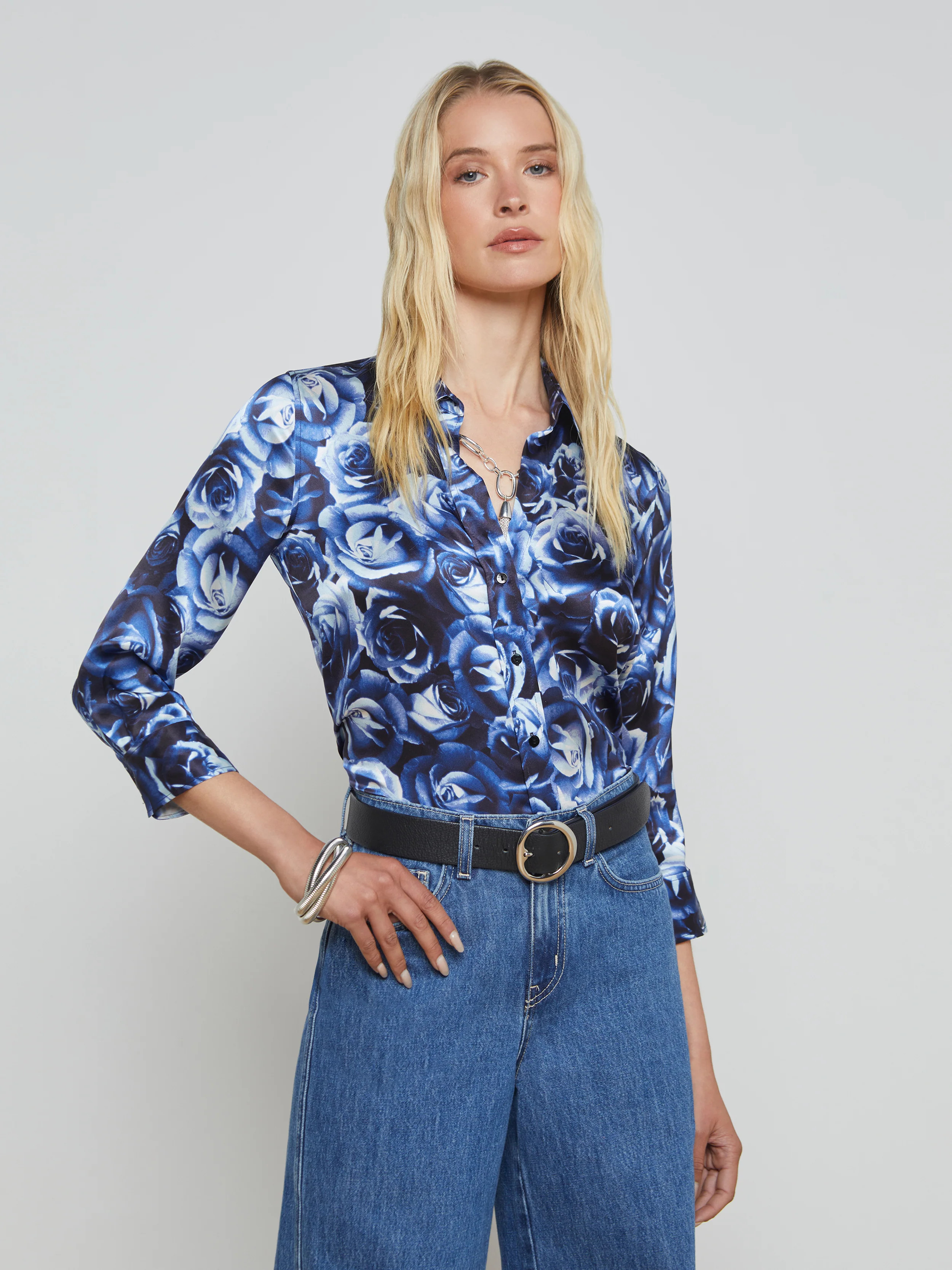 L'AGENCE - Dani 3/4 Sleeve Silk Blouse in Midnight Multi Rose Bunch | L'Agence